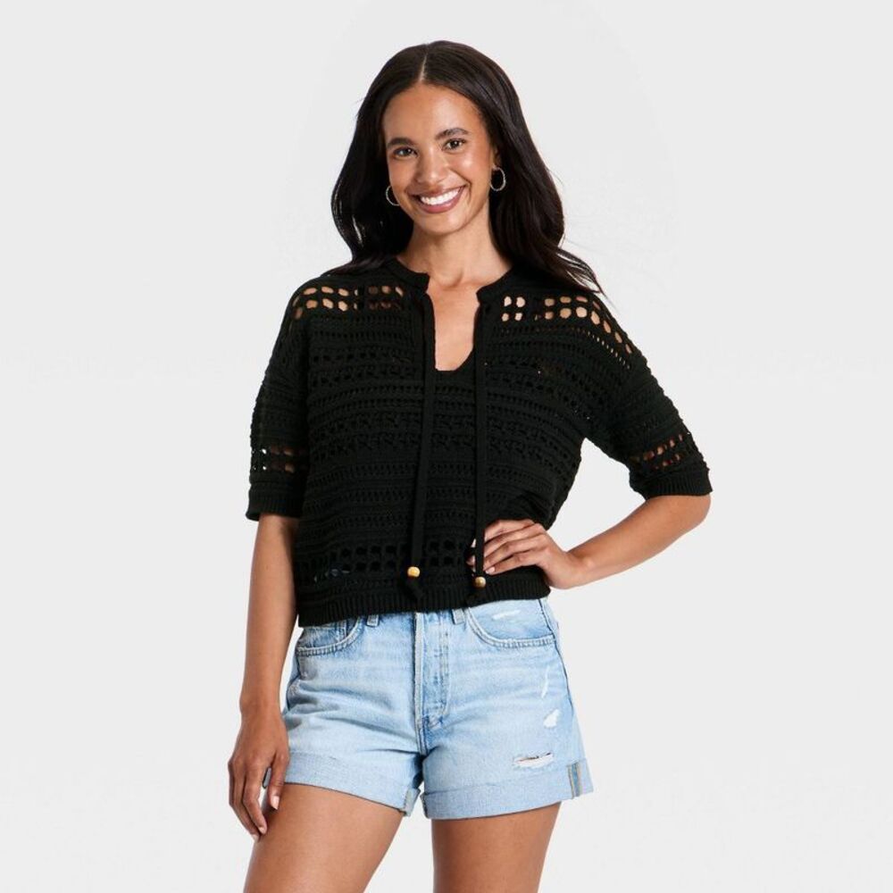 Women's Short Sleeve Openwork V-Neck Pullover Sweater - Universal Thread Black M